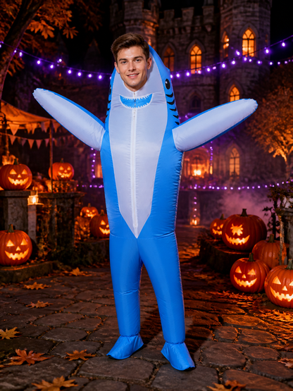 Adult Shark Inflatable Costume, Blue White Fins Bodysuit Halloween Party Outfit Costumes detail 2