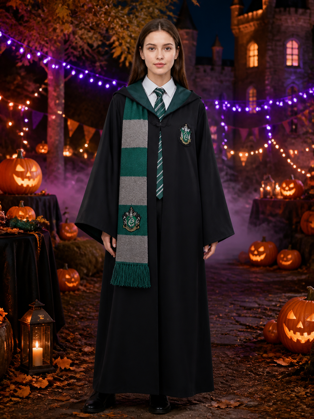 Slytherin Wizard Robe Costume Set with Tie & Scarf, Black Hooded Robe with Green Costumes detail