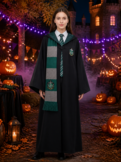 Slytherin Wizard Robe Costume Set with Tie & Scarf, Black Hooded Robe with Green Costumes detail