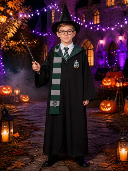 Green and Black Wizard Robe Costume Set with Hooded Cloak, Tie, Scarf, Pointed Costume Capes detail 2