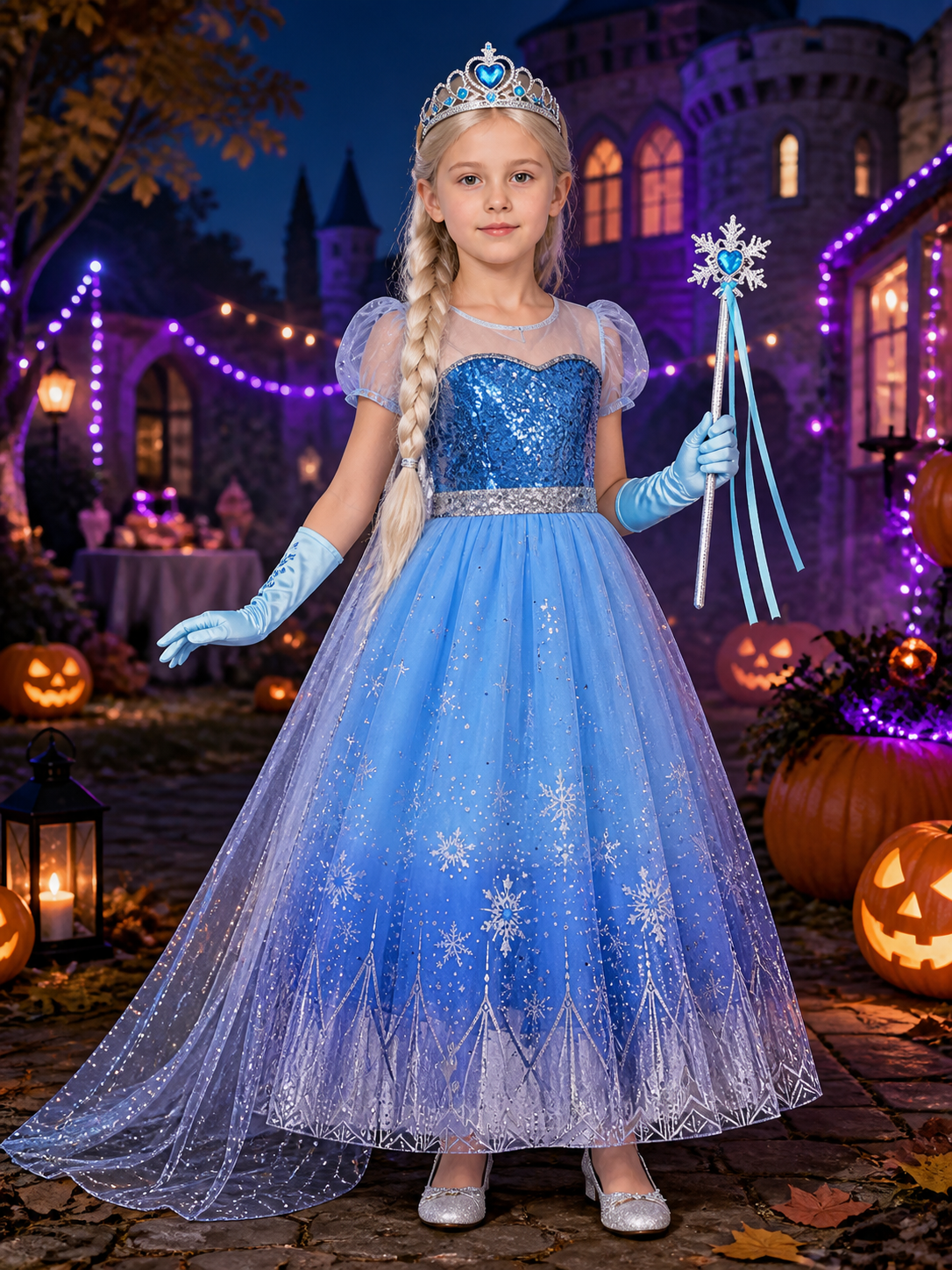 Kids Snow Queen Sequined Puffy Princess Dress Costume Set with Crown, Wand
