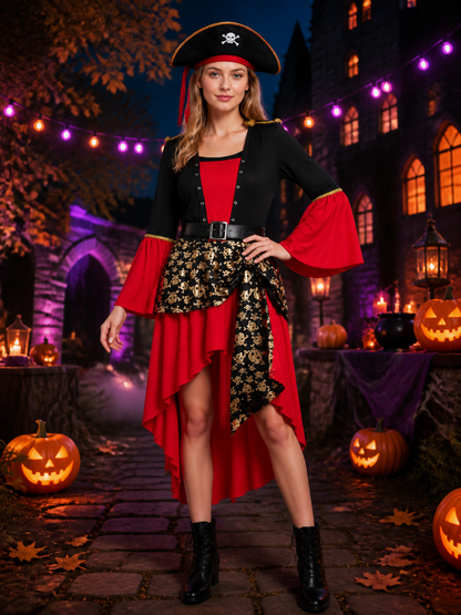 Women's Pirate Costume Set with Skull Hat, Belt and Long-Sleeve Dress Costume Dresses detail 2