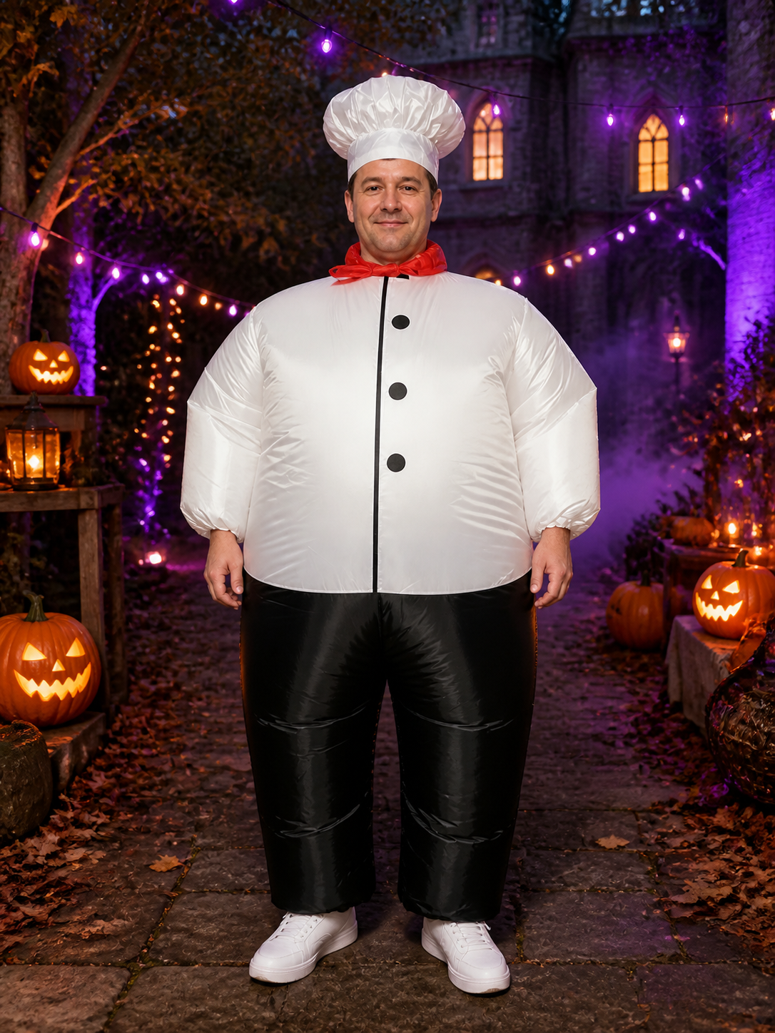 Adult Chef Costume Set with White Coat, Black Pants, Chef Hat and Red Scarf Costume Headwear detail 2