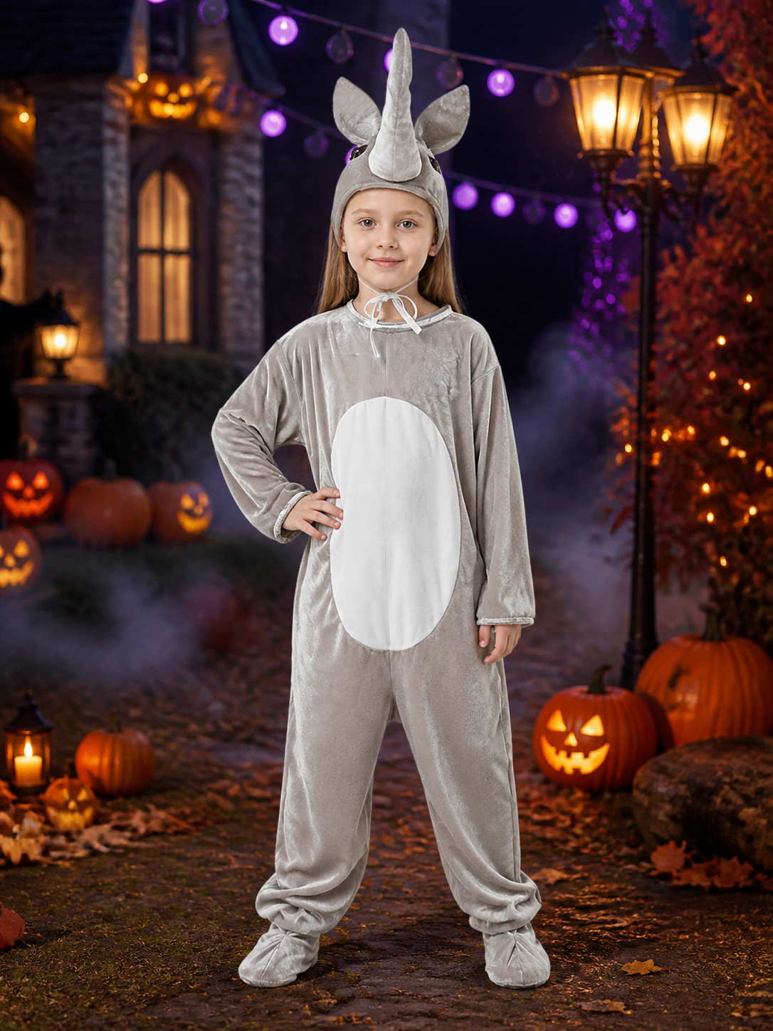 Children's Rhino Animal Costume - Gray Hooded Footed Jumpsuit with White Belly Costumes detail 2