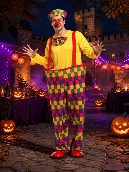 Unisex Adult Clown Costume Set, Colorful Striped Jumpsuit with Hat and Nose Costume Headwear detail 2