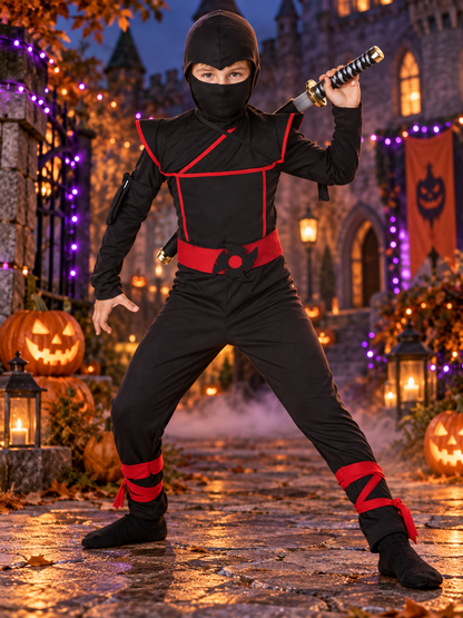 Kids' Ninja Costume Black with Red Trim, Mask, Belt