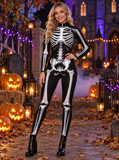 Black and White Skeleton Jumpsuit Costume with Print and Zipper
