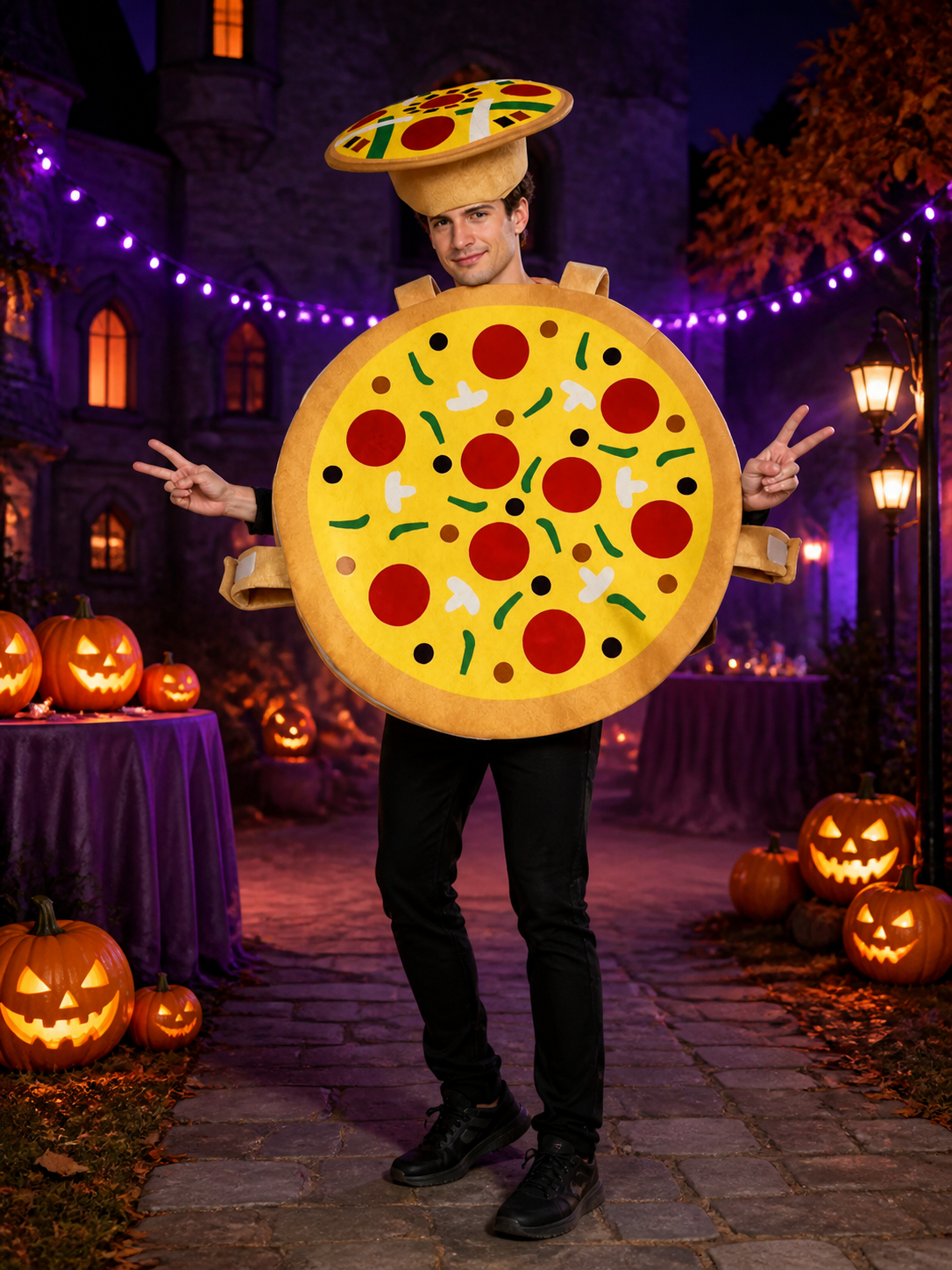 Funny Pizza Costume Jumpsuit With Matching Pizza Hat, Halloween Cosplay Party Costume Headwear detail 2