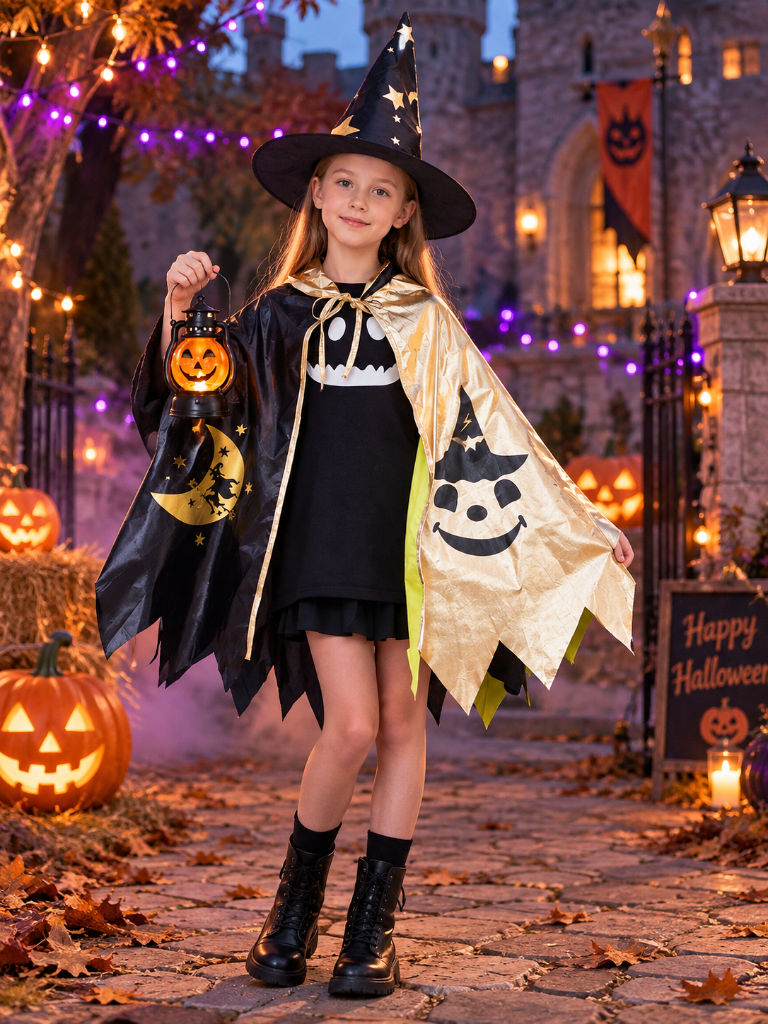 Kids' Halloween Costume with Cape, Hat, and Lantern