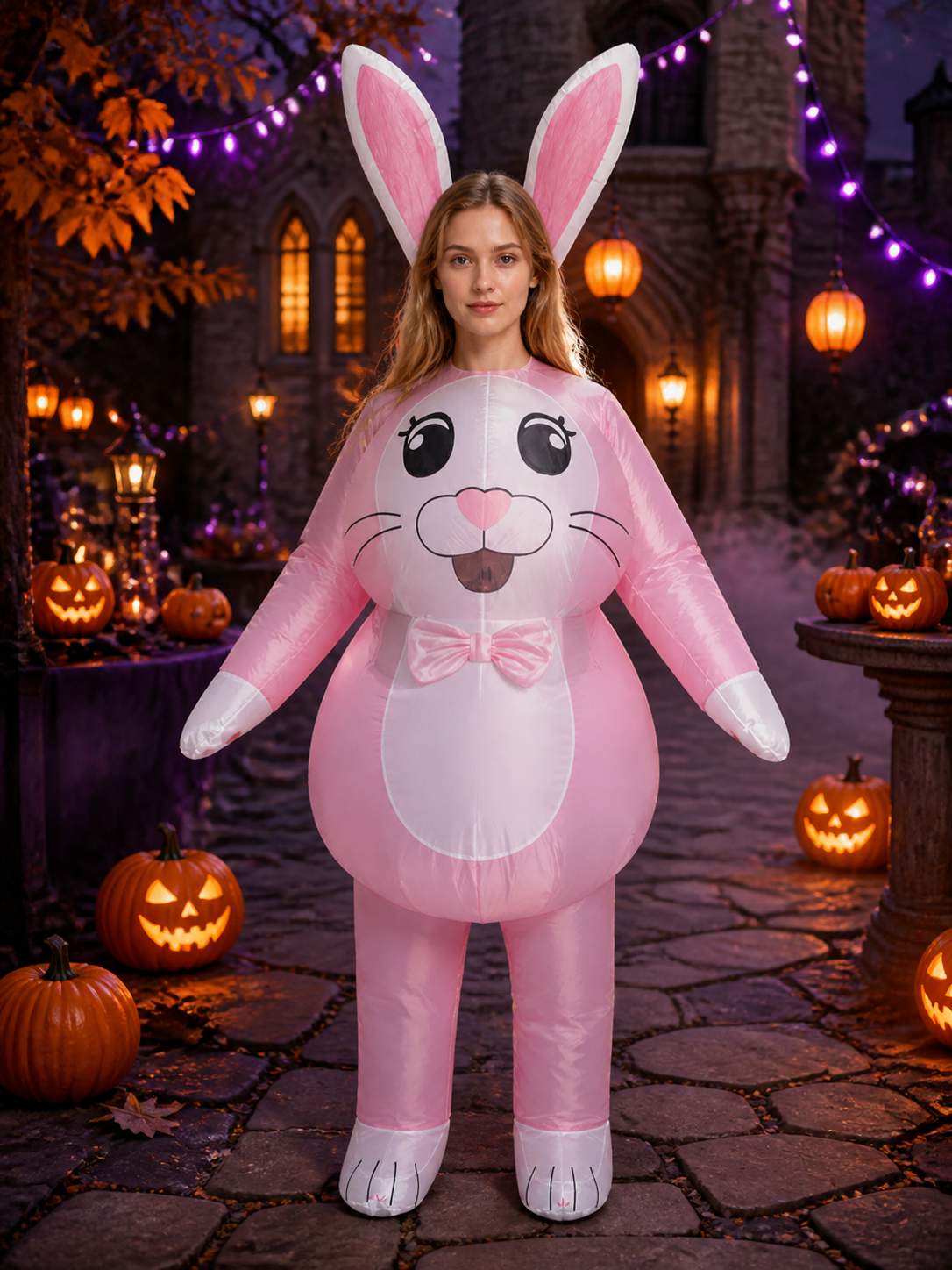 Adult Cartoon Rabbit Costume, Long Ear Bunny with Pink Bow Tie for Halloween Costume Accessories detail 2