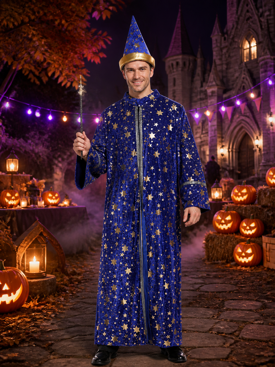 Blue Wizard Robe and Hat Costume Set with Gold Star Moon Print and Silver Trim Costume Headwear detail 2