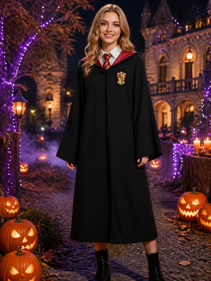 Wizard Robe Costume Set, Hooded Long Cape with School Crest and Red Gold Striped Costume Capes detail 2