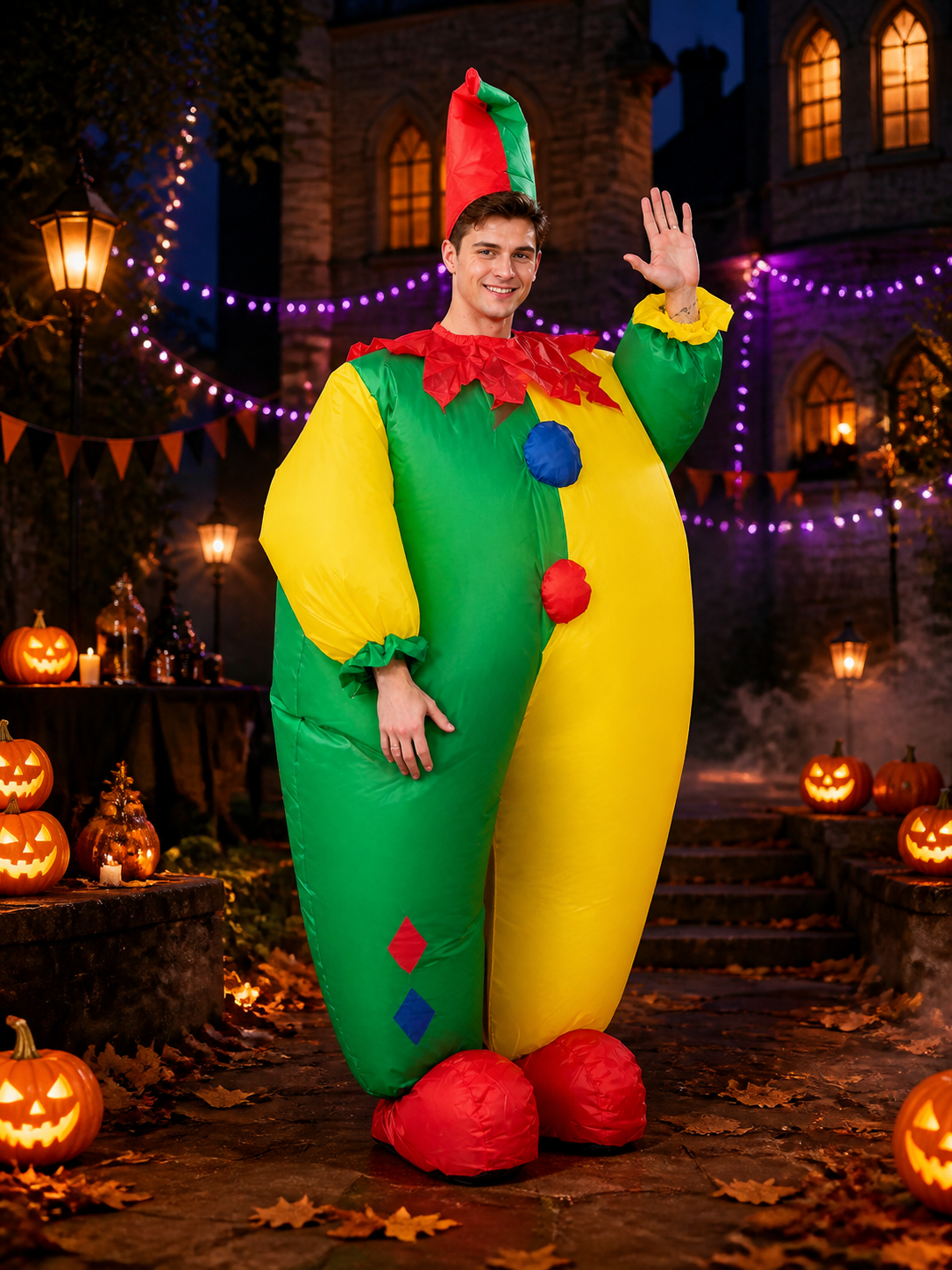 Colorful Jester Clown Inflatable Costume with Diamond Pattern and Jester Hat for Costume Headwear detail 2