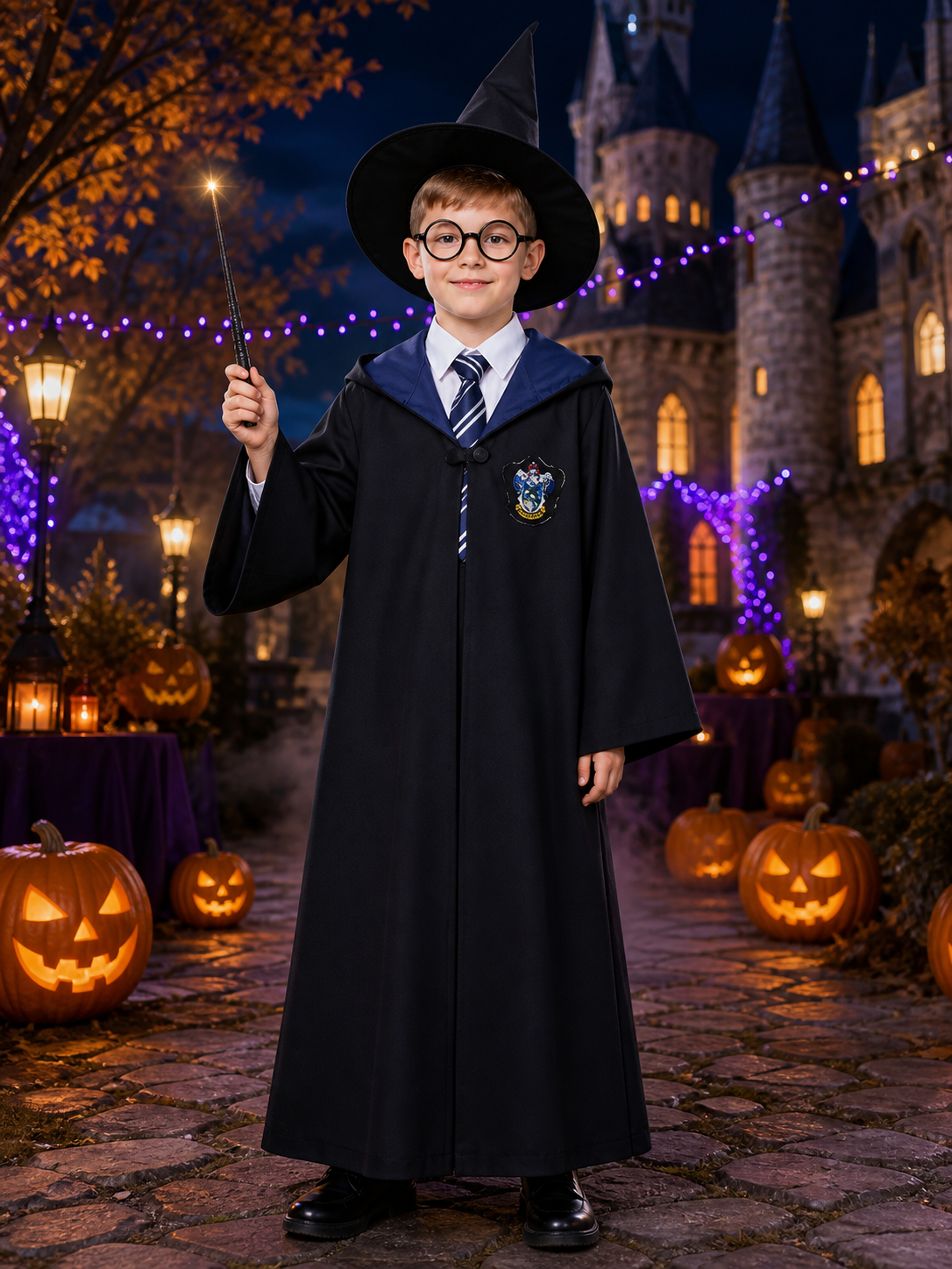 Magic Academy Wizard Costume Set, Hooded Robe with House Crest, Tie, Scarf Costumes detail 2