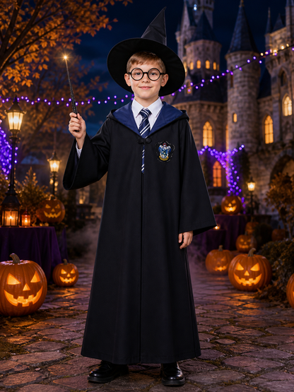 Magic Academy Wizard Costume Set, Hooded Robe with House Crest, Tie, Scarf Costumes detail 2