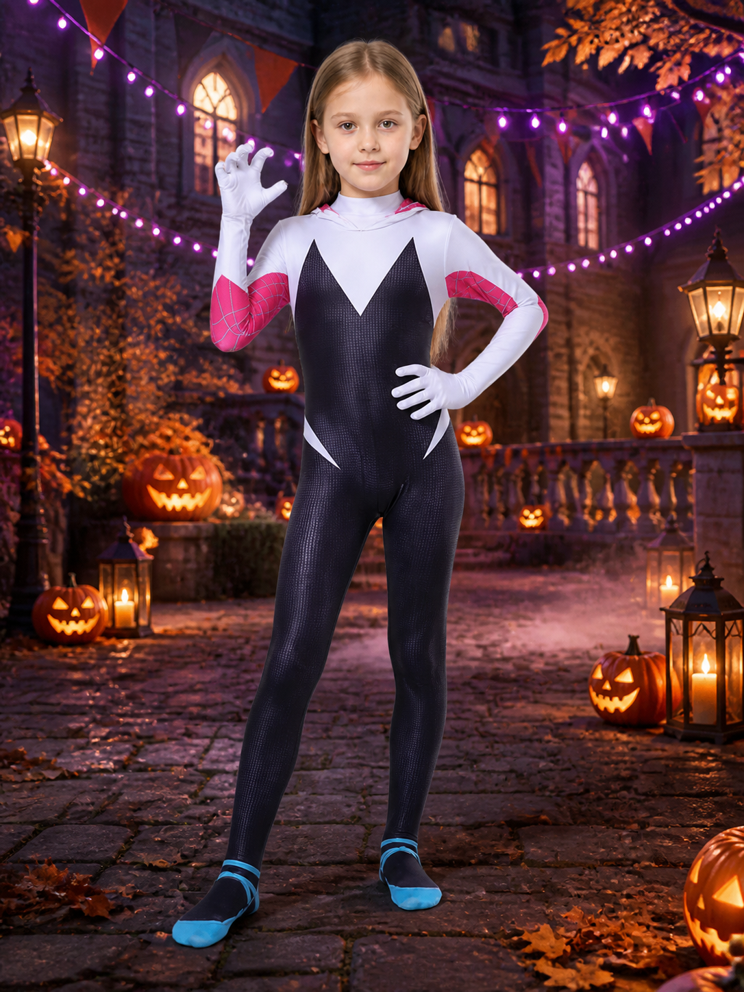 Hooded Superhero Bodysuit Costume, Black White Pink Geometric Full-Body Cosplay Costumes detail 2