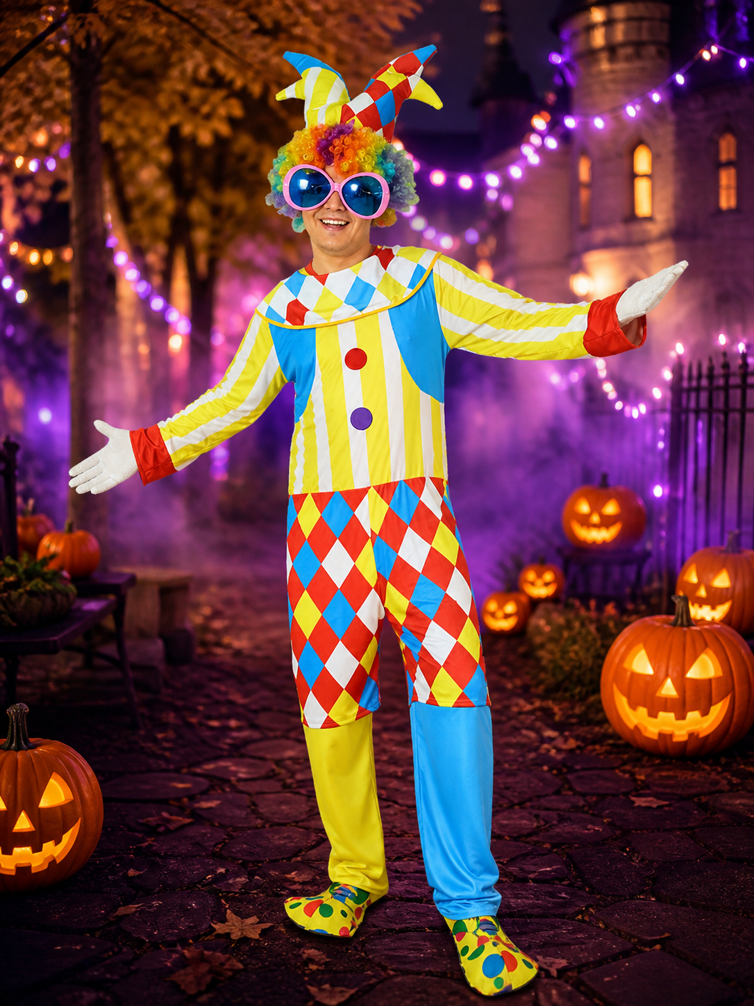 Unisex Clown Bodysuit Costume with Hat, Colorful Striped Jumpsuit for Halloween Costume Headwear detail 2