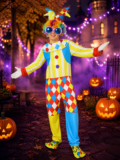 Unisex Clown Bodysuit Costume with Hat, Colorful Striped Jumpsuit for Halloween Costume Headwear detail 2