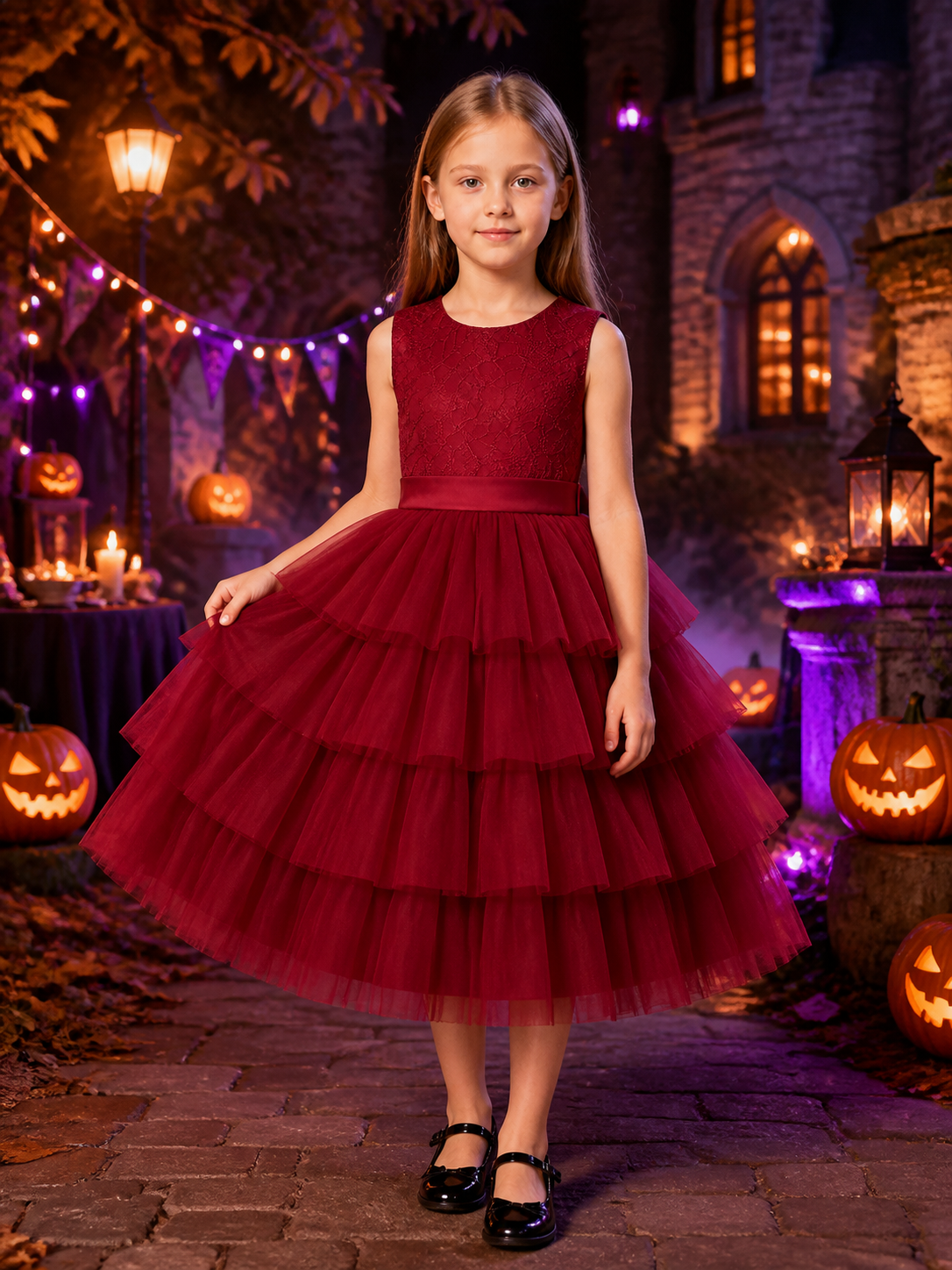Girls' Maroon Princess Dress, Lace-Patterned Top and Layered Tulle Skirt Costume Dresses detail 2