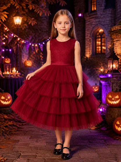 Girls' Maroon Princess Dress, Lace-Patterned Top and Layered Tulle Skirt Costume Dresses detail 2