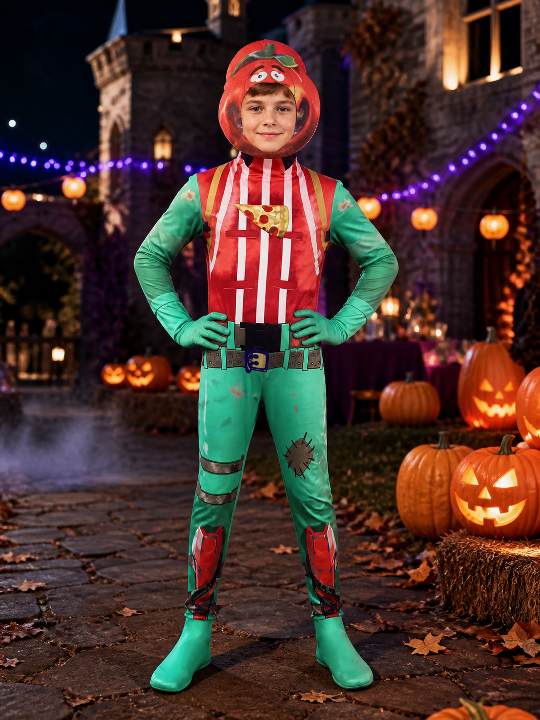 Tomato Striped Onesie Costume with Headpiece and Pizza Print on-model Halloween scene view