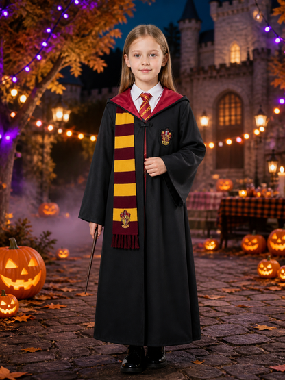 Kids Hooded Wizard Robe Costume Set, Burgundy And Yellow, With Tie And Scarf Costumes detail 2