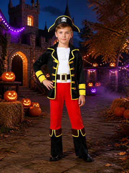 Boys Pirate Halloween Costume Set with Tricorn Hat and Skull Print Costume Headwear detail 2