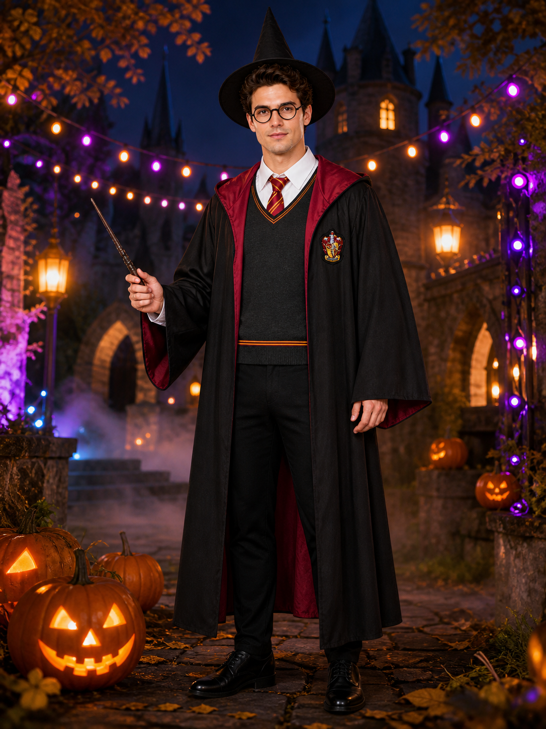 Wizard Costume Set, School-Style Hooded Robe With Hat, Scarf, Tie, Glasses, Wand Costume Headwear detail 2