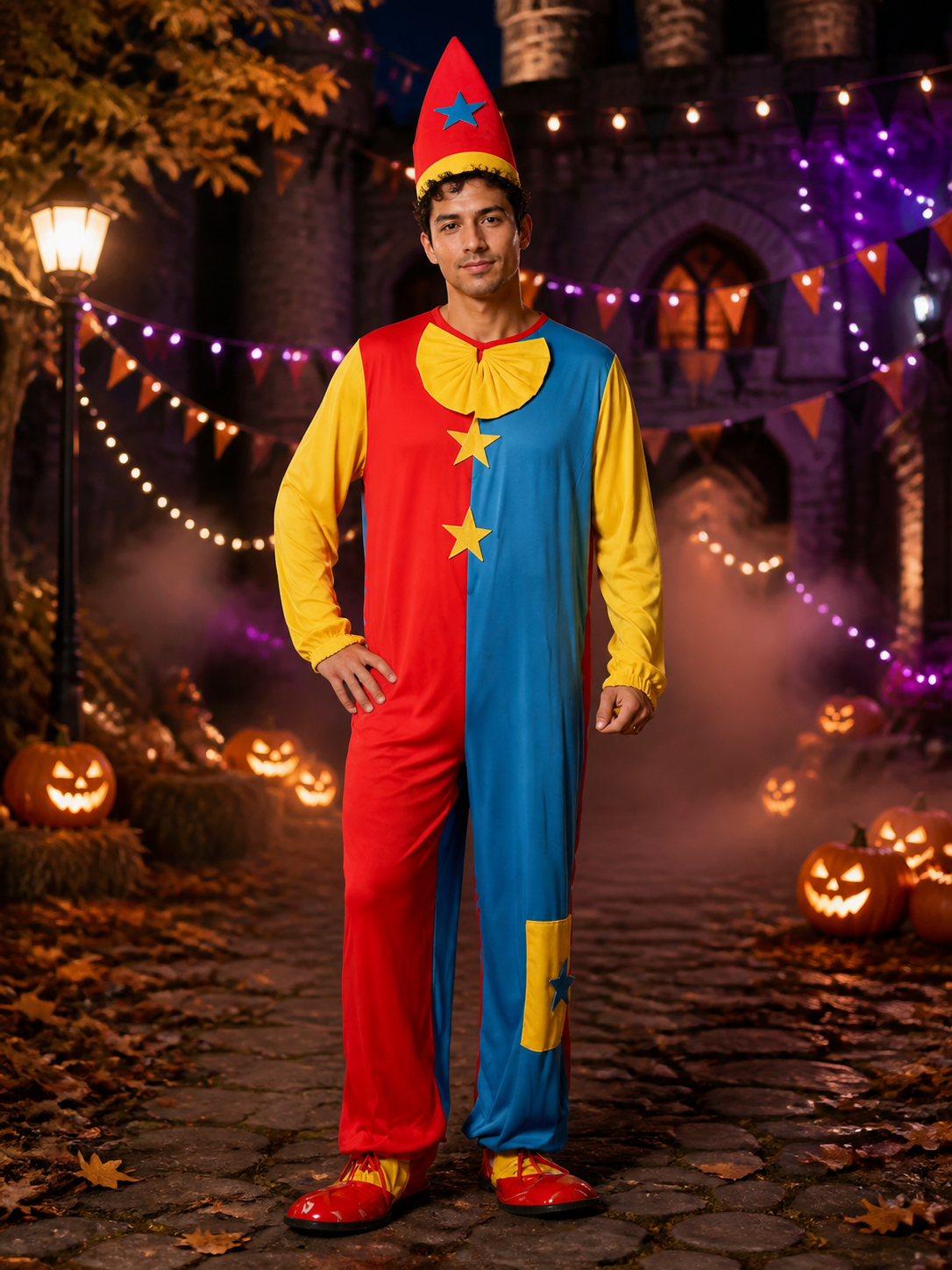 Unisex Clown Jumpsuit Costume Set With Pointed Hat And Star Decorations For Costume Headwear detail 2
