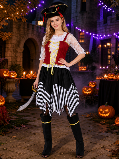 Women's Pirate Costume Set with Cross Chest Straps, Black and White Striped Costumes detail 2