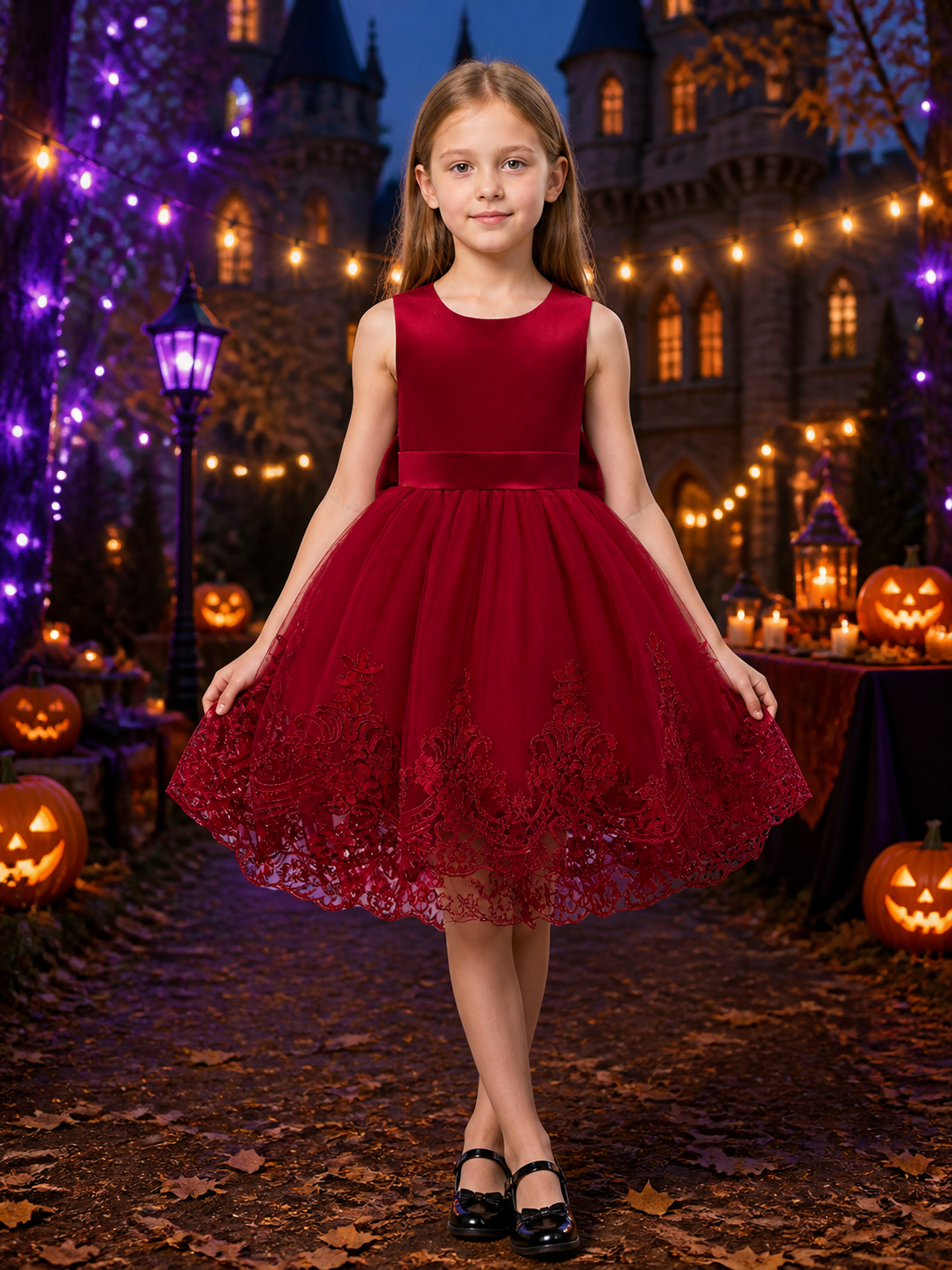 Girls' Burgundy Princess Dress with Lace Train, Layered Tulle Skirt and Waist Costume Dresses detail 2