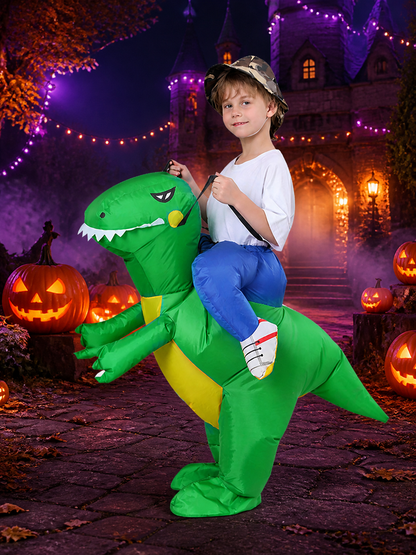 Kids Inflatable Dinosaur Costume With Yellow Belly And White Teeth on-model Halloween scene view
