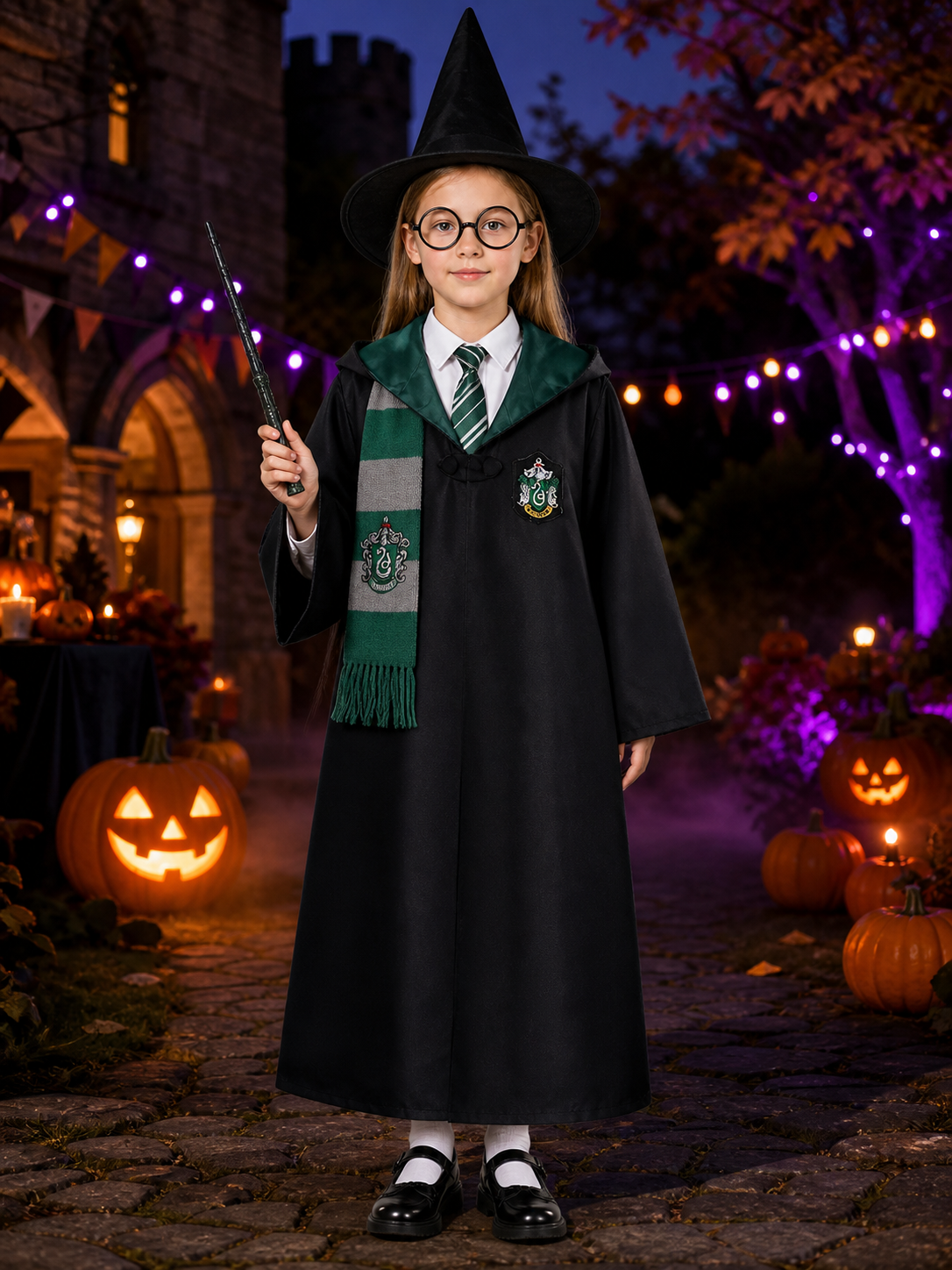 Kids Wizard School Costume Set With Green & Black Robe, Scarf, Tie, Glasses Costumes detail 2