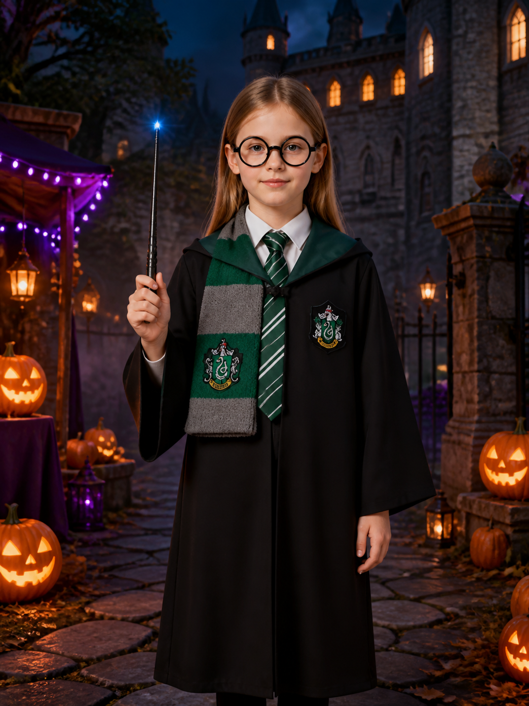 Wizard Cosplay Costume Set with Hooded Robe, Striped Scarf, Tie, Glasses & Wand Costume Accessories detail 2