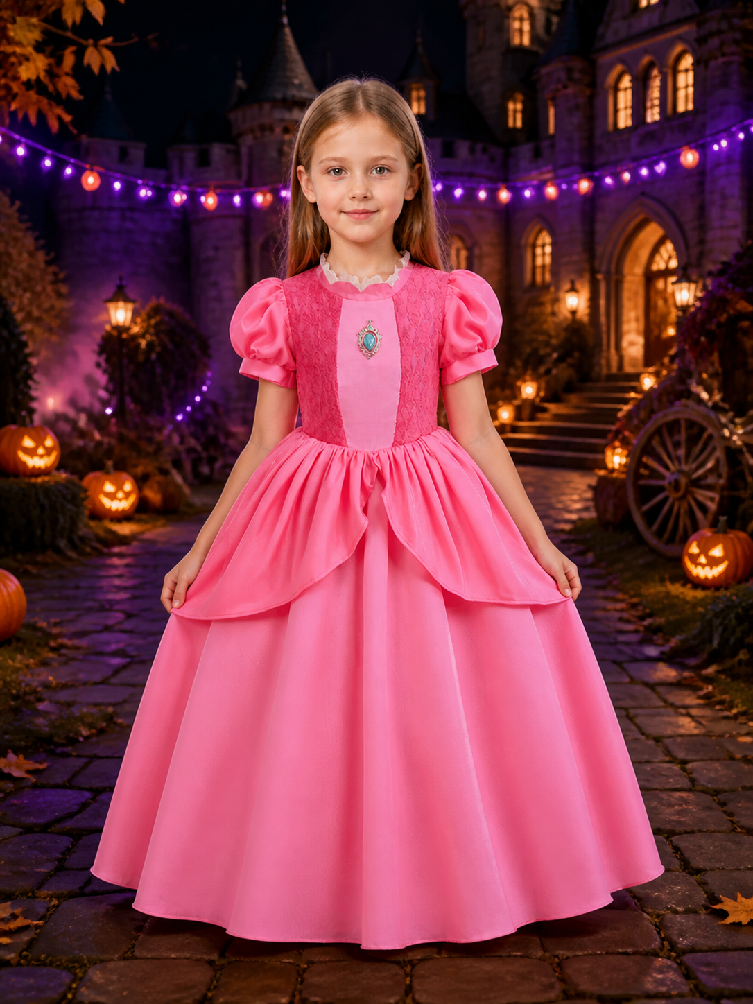 Girls Pink Princess Costume Dress With Lace Collar And Layered Skirt Costume Dresses detail 2
