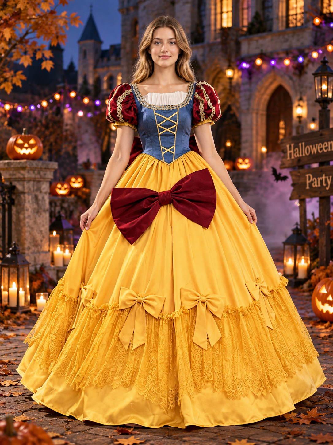 Princess costume with a puffy dress, bow, and crinoline