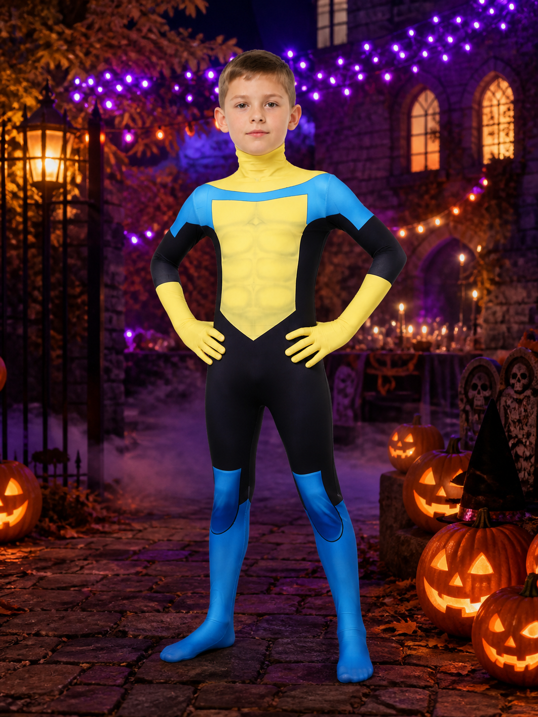 Blue Yellow Black Superhero Hooded Full-Body Jumpsuit Costume Costumes detail 2