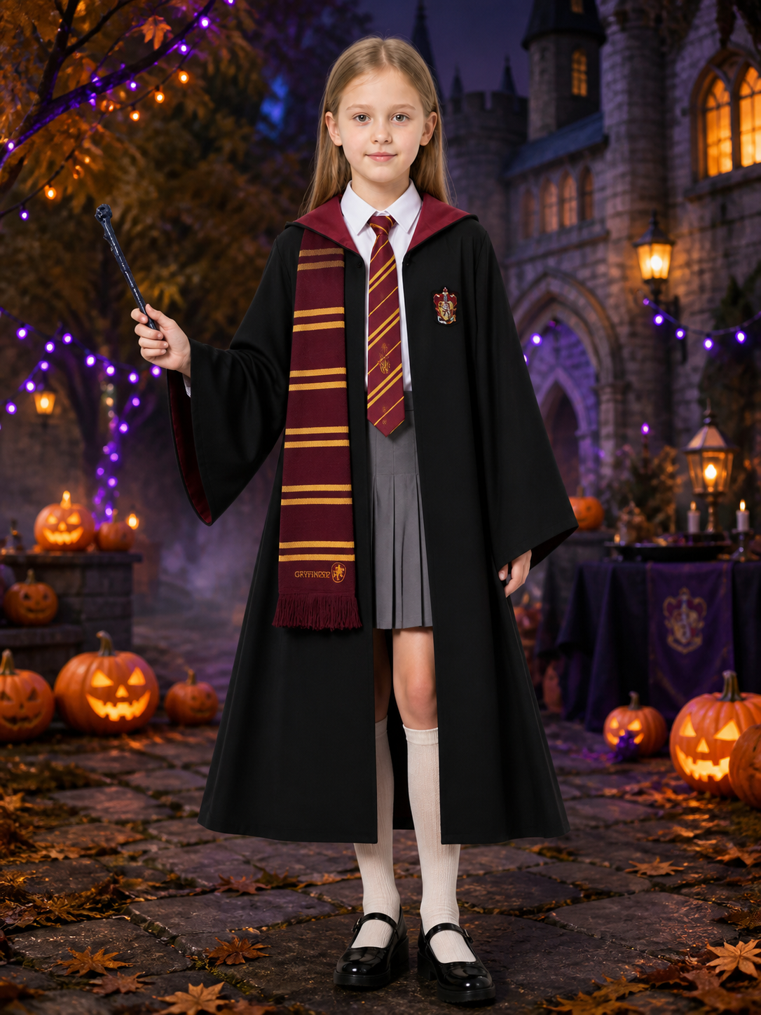 Kids Wizard Robe Costume Set With Tie, Scarf, Wand, Shirt And Skirt Costume Accessories detail 2