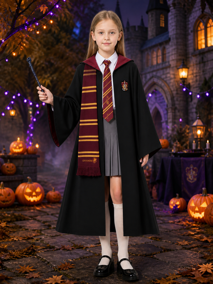 Kids Wizard Robe Costume Set With Tie, Scarf, Wand, Shirt And Skirt Costume Accessories detail 2