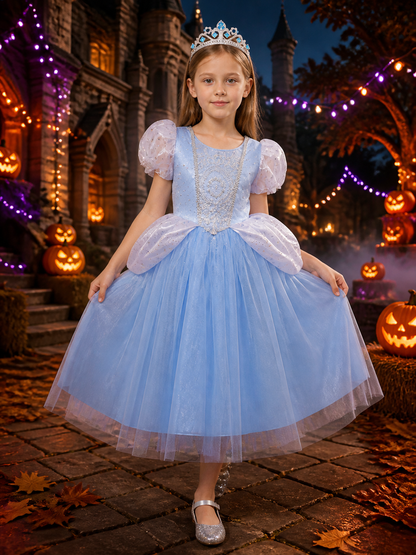 Girls Cinderella Princess Dress Costume with Crown, Puffy Sleeves and Tutu Skirt Costume Dresses detail 2