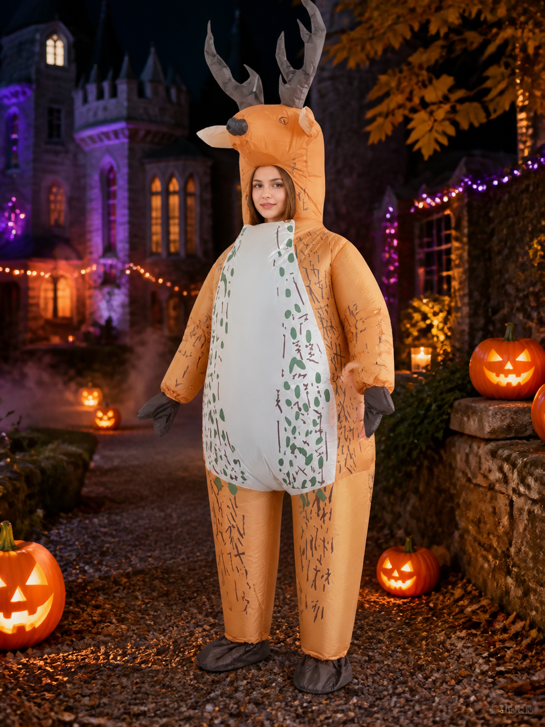 Unisex Reindeer Hooded Onesie Costume with Antlers, White Belly and Green Trim Costumes detail 2