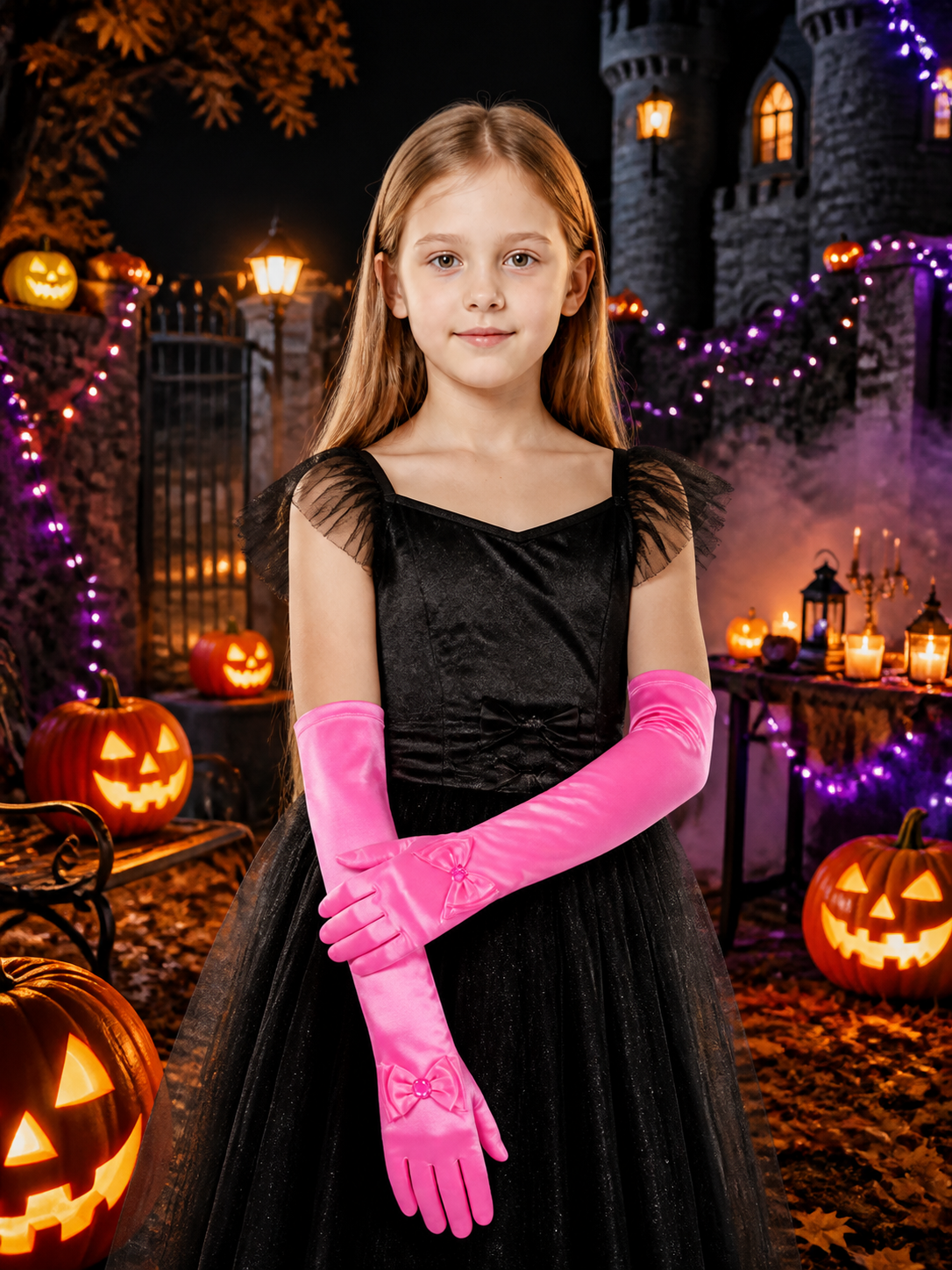 Kids Princess Peach Bow Decor Full-Finger Long Gloves, Rose Pink Halloween on-model Halloween scene view