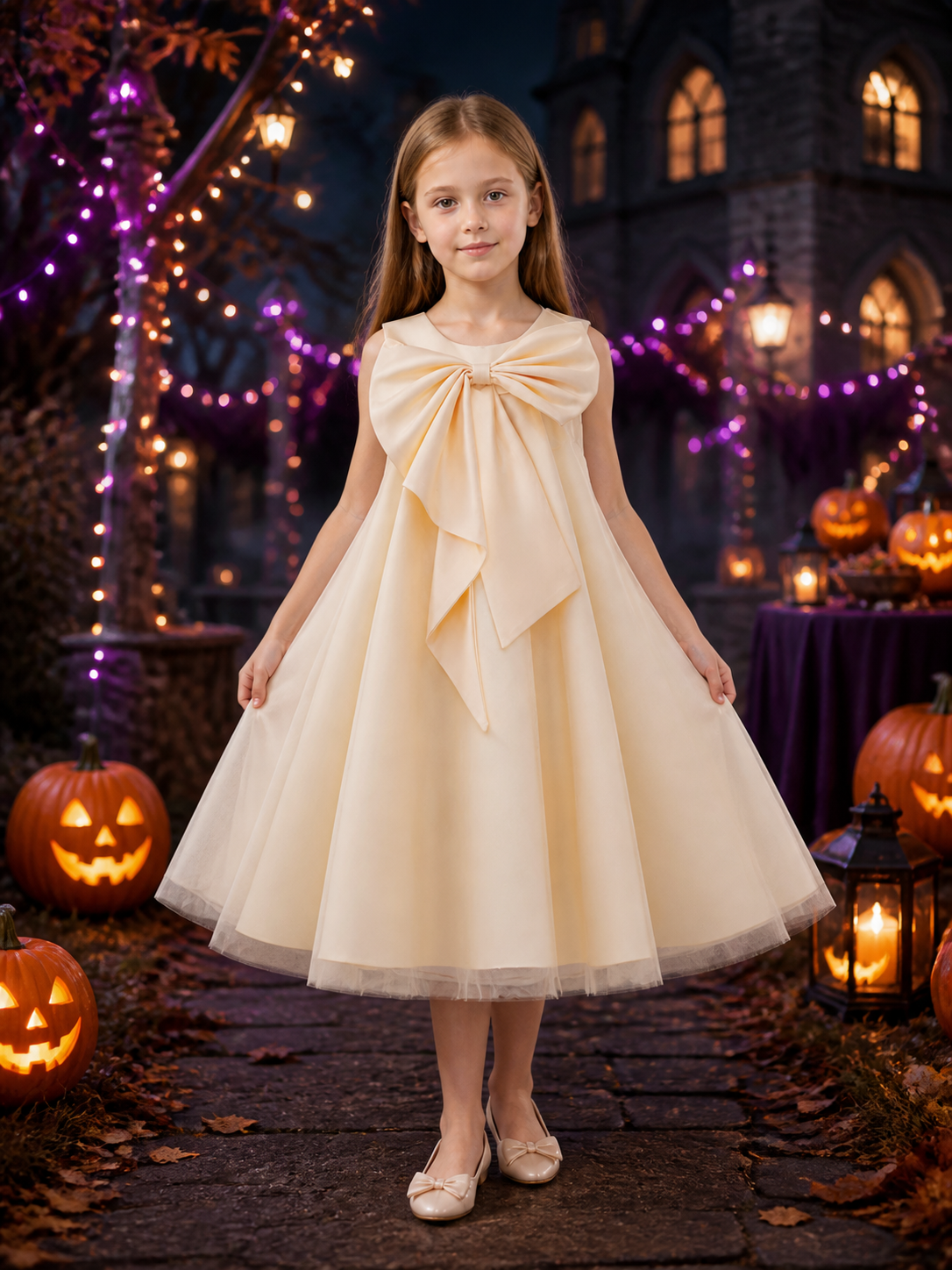 Girls' Champagne Flower Girl Dress with Large Bow and Layered Tulle Skirt Costume Dresses detail 2