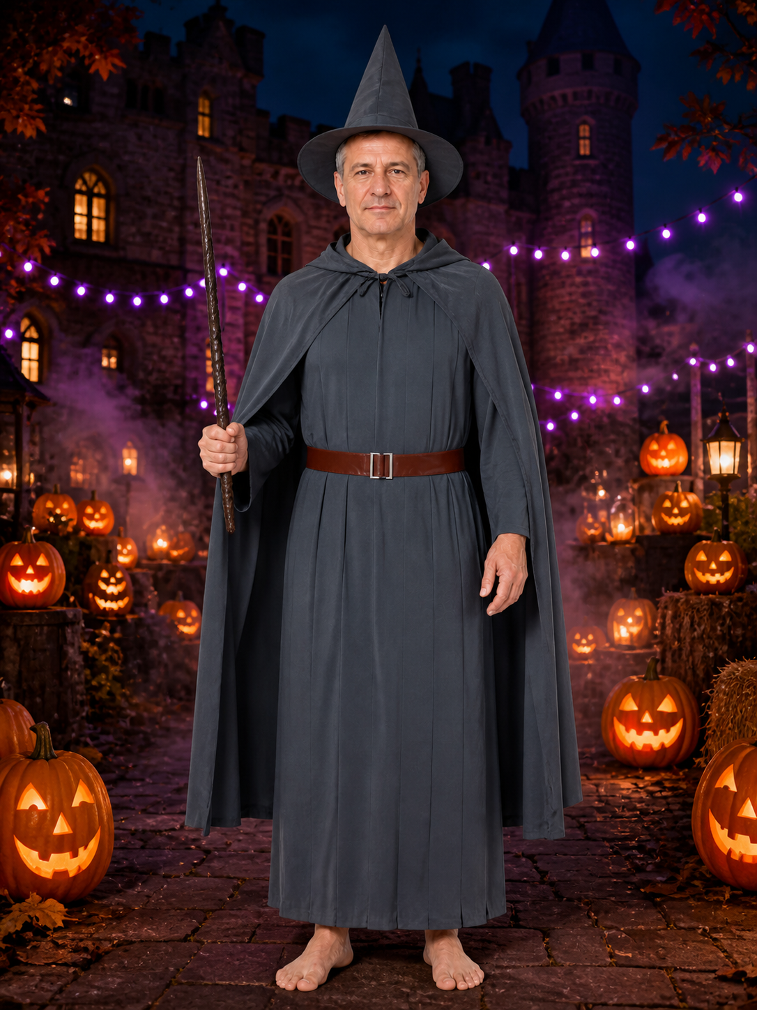 Unisex Wizard Costume Set With Dark Gray Robe, Pointed Hat, Belt, And Cape Costume Capes detail 2