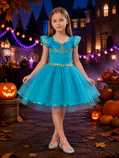 Girls' Blue Princess Dress Costume, Sequined Bodice, Tulle Skirt, Gold Waist Costume Dresses detail 2