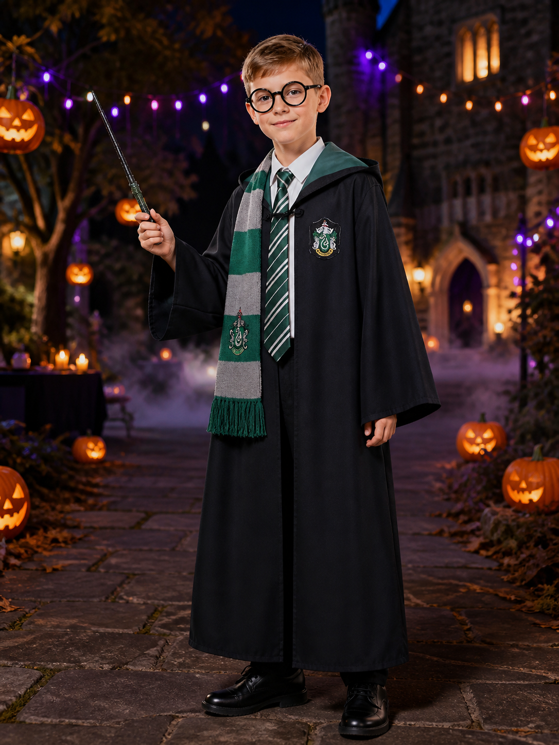 Kids Slytherin Wizard Costume Set, Hooded Robe With Scarf, Tie, Glasses And Wand Costume Accessories detail 2