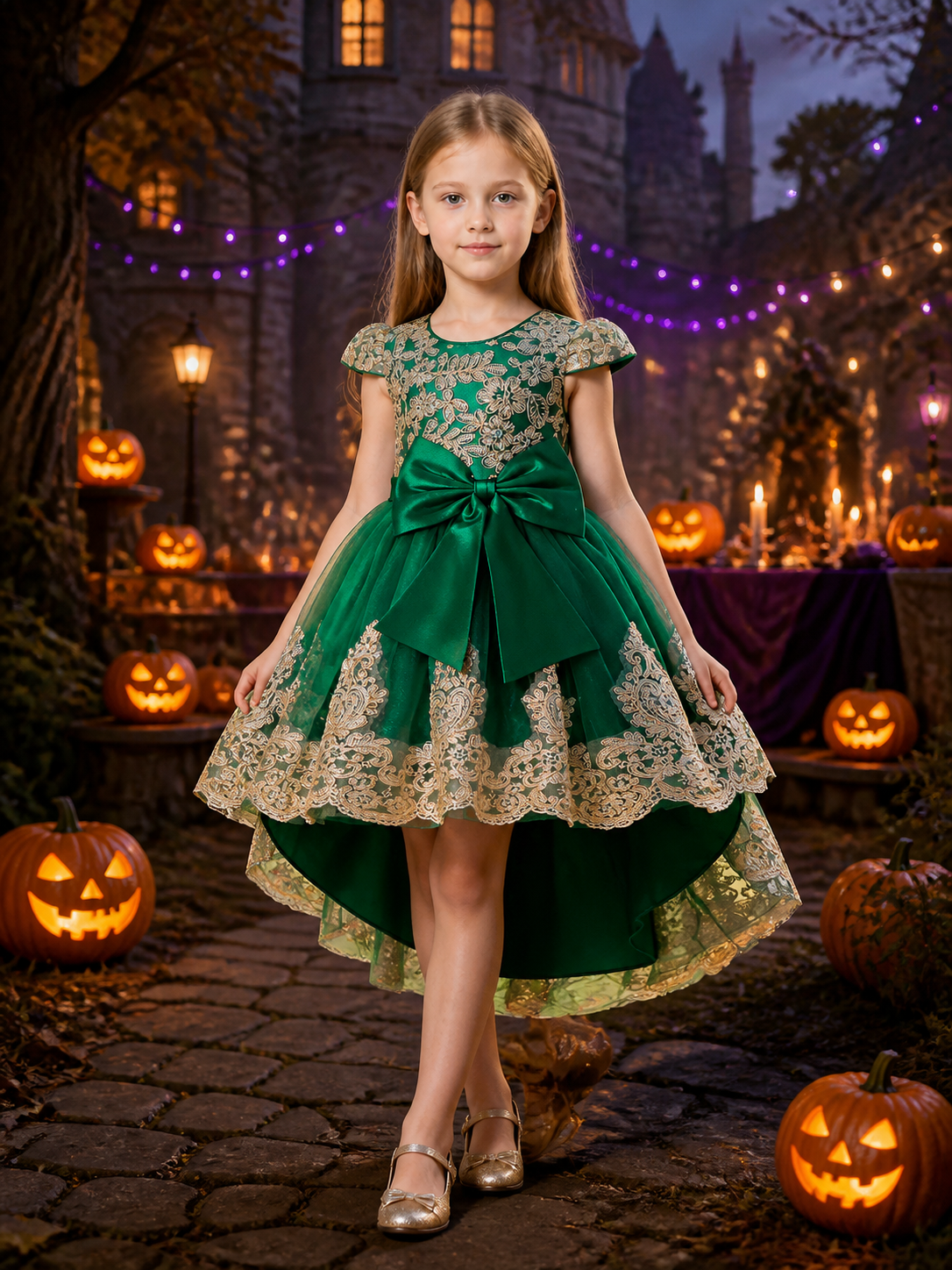 Girls' Dark Green Princess Dress with Gold Lace Embroidery, Bow and Train Costume Dresses detail 2
