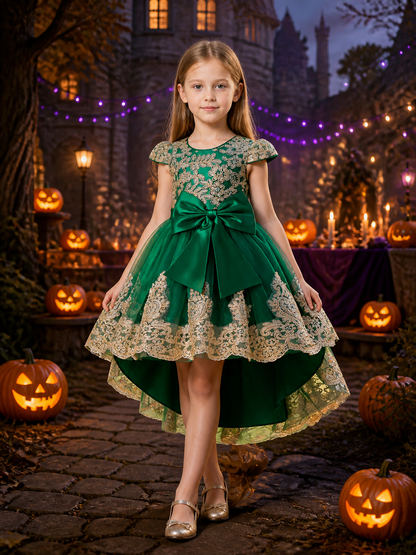 Girls' Dark Green Princess Dress with Gold Lace Embroidery, Bow and Train Costume Dresses detail 2