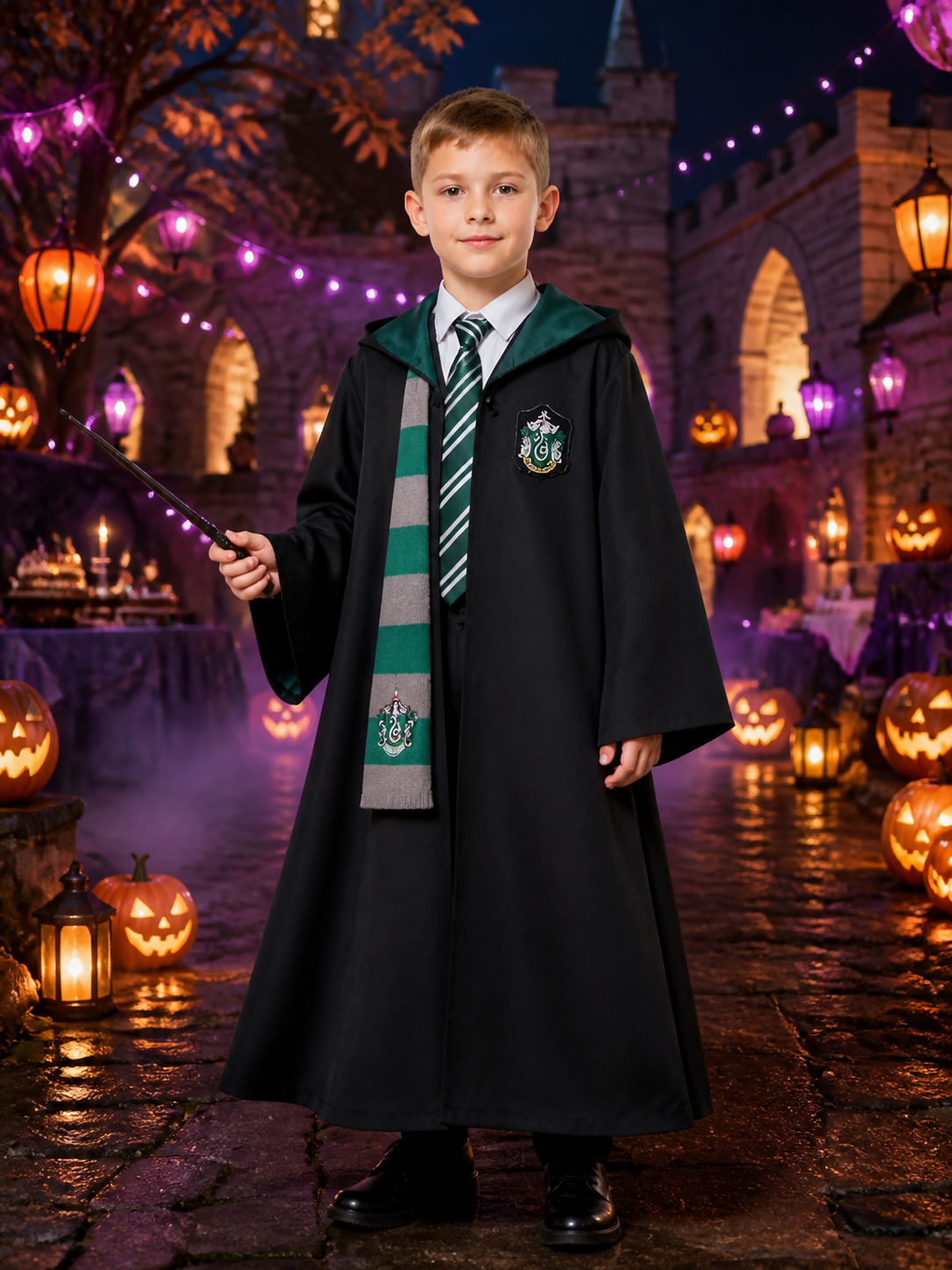 Slytherin Wizard Costume Set, Hooded Robe With Tie and Scarf, Halloween Cosplay Costumes detail 2