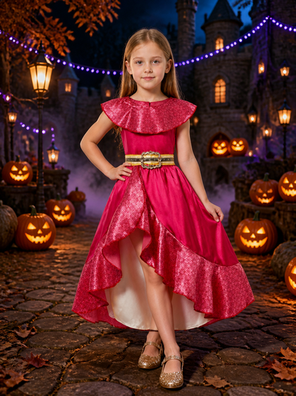 Girls' Pink Princess Costume Dress with Ruffle Collar and Gold Waistband for Costume Dresses detail 2